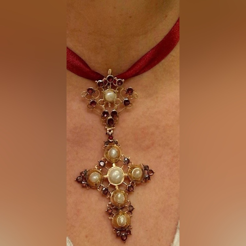 antique Victorian 14k gold cross pendant set with garnets and baroque pearls